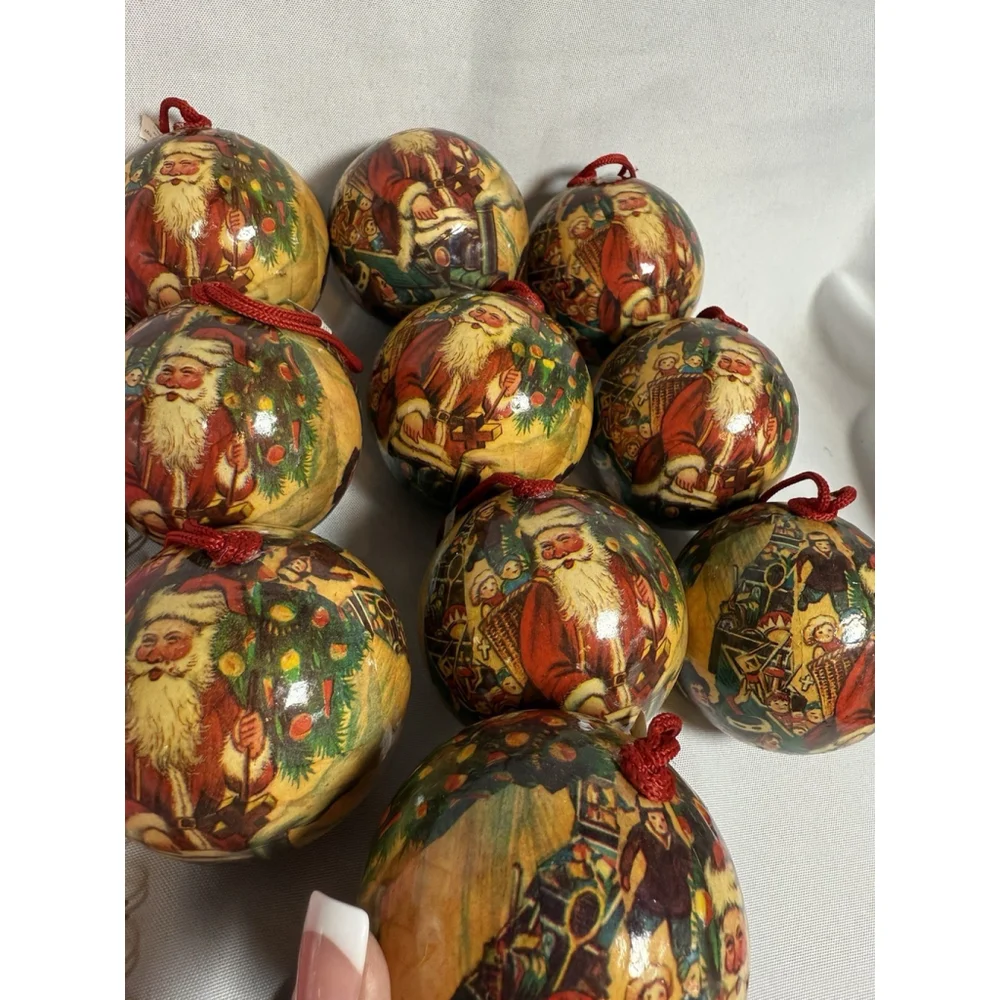 Vintage Paper Mache Christmas Ornament Small Round Santa w/Kids Lot Of 10 RARE